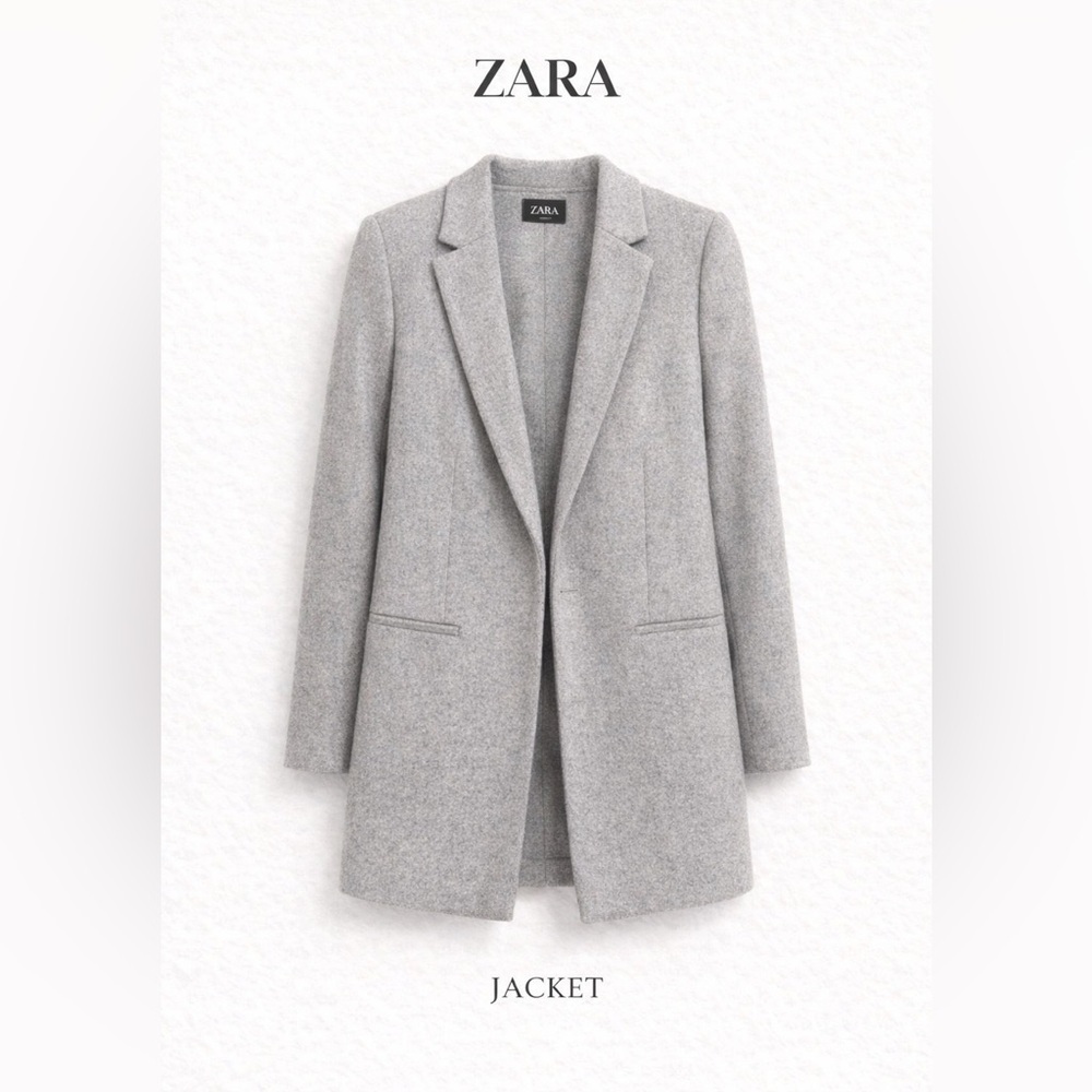 Zara Grey Open Front Blazer Coat – Minimalist Longline Jacket Size Large